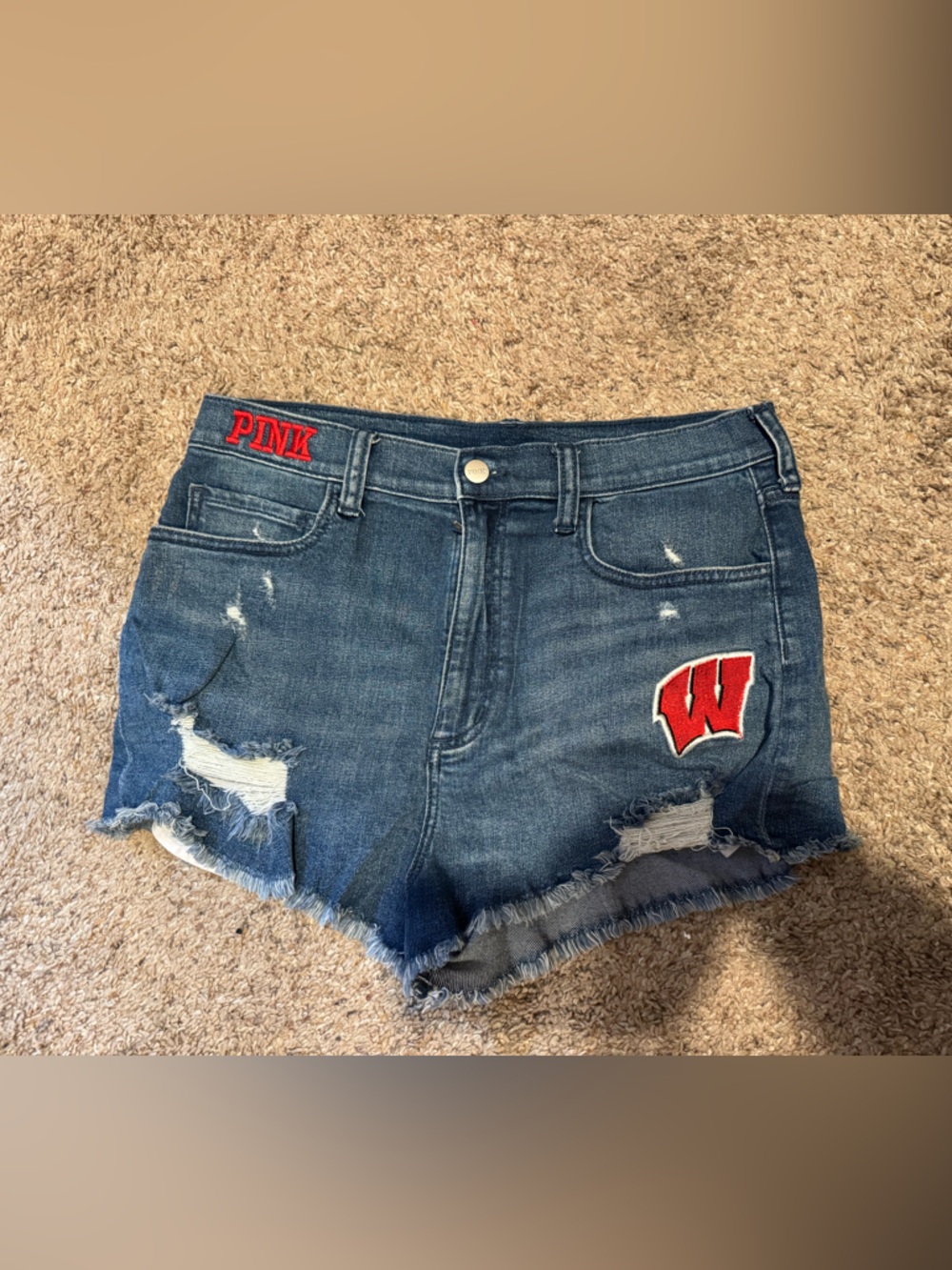 PINK Victoria's Secret Distressed Denim Shorts with Red Patch